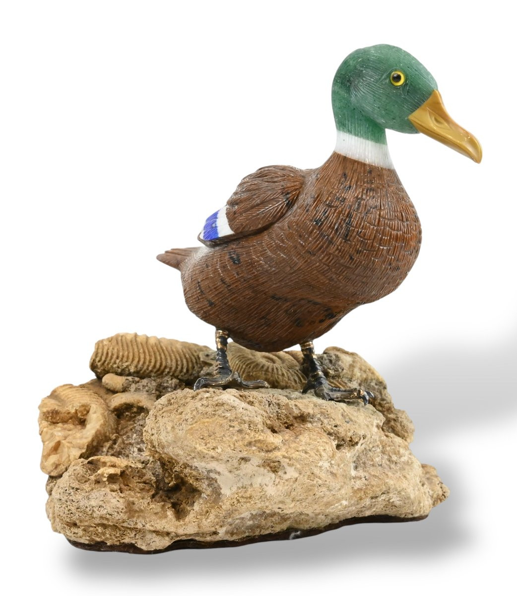 Hard Stone Duck On Rock With Fossil Shells - Switzerland - 20th Century-photo-3